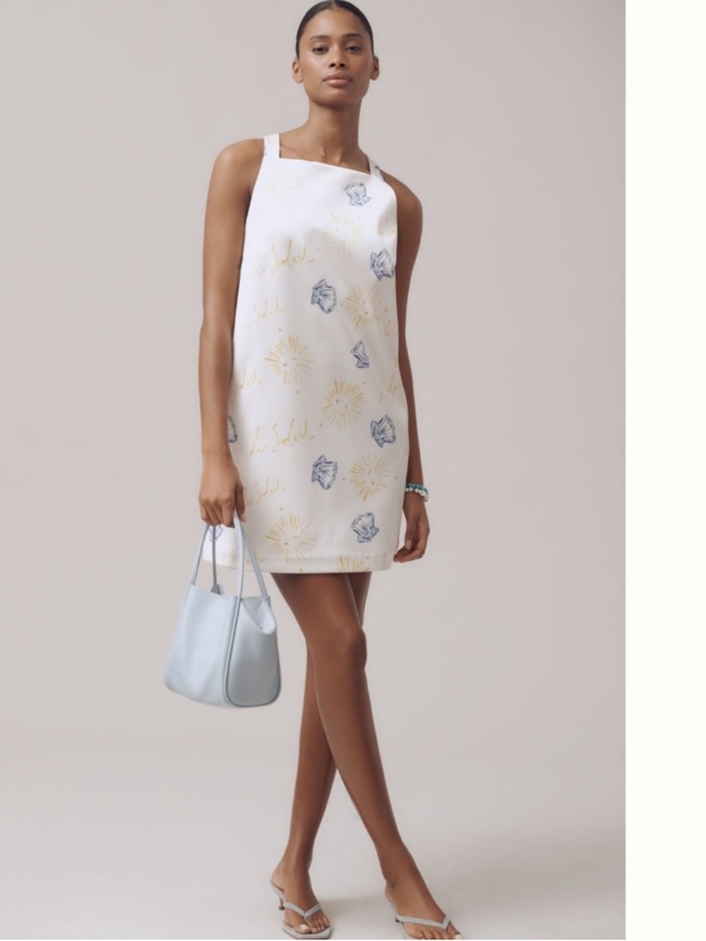 Nwt Sleeveless Ivory Shift Dress with Gold & Blue Motif